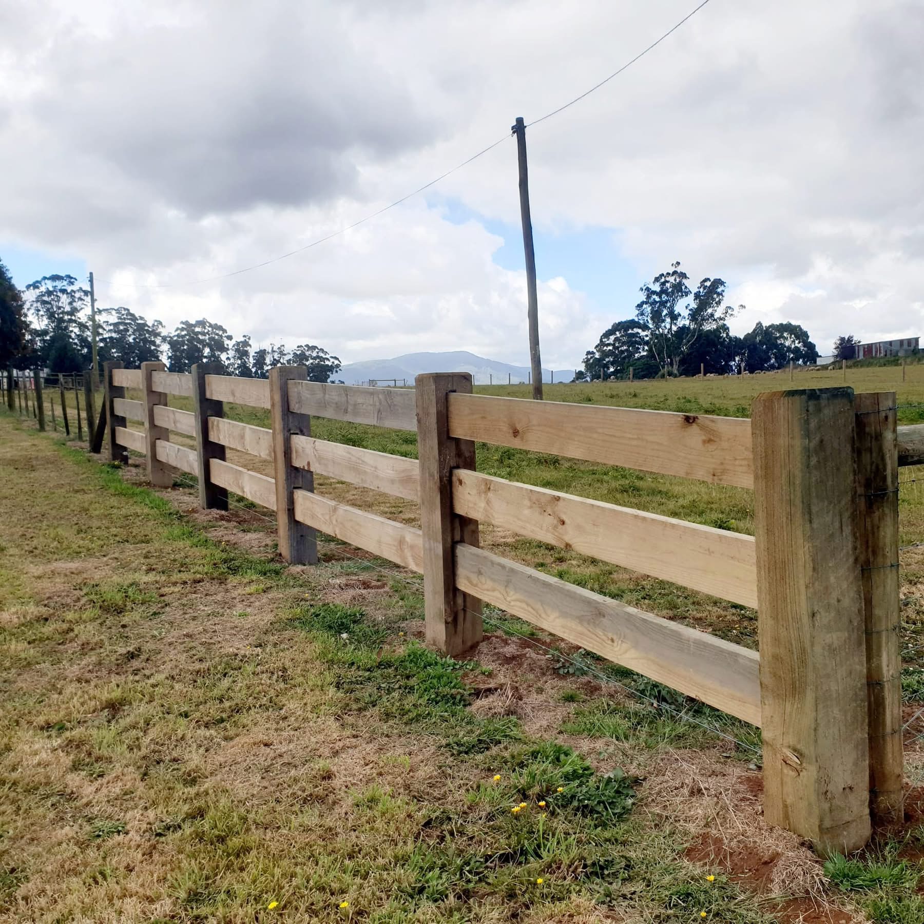 Three-rail timber post and rail fence stretching across a paddock, with mountains in the distance